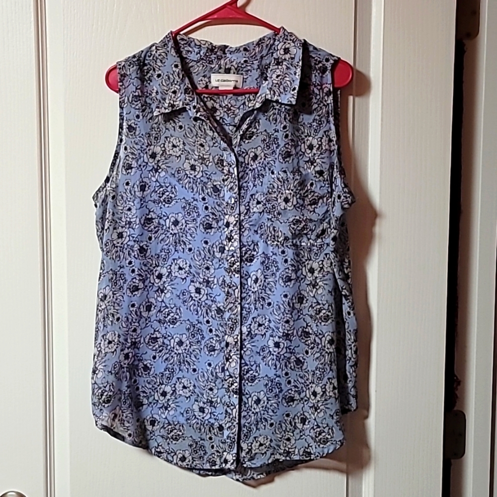 Large sheer Liz Claiborne button blouse powder blue floral print